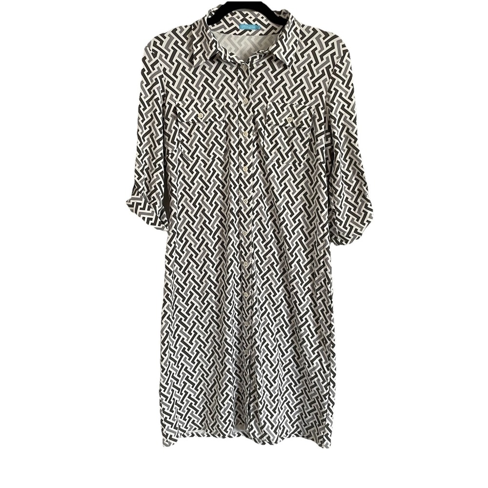 J McLaughlin Black White Geometric Button Front Shirt Dress Sz Small Capsule Art